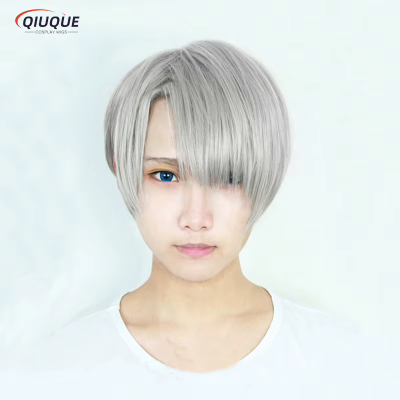 Perruque de Cosplay synthétique courte grise mixte, Anime Victor Nikiforov, perruque de fête résista