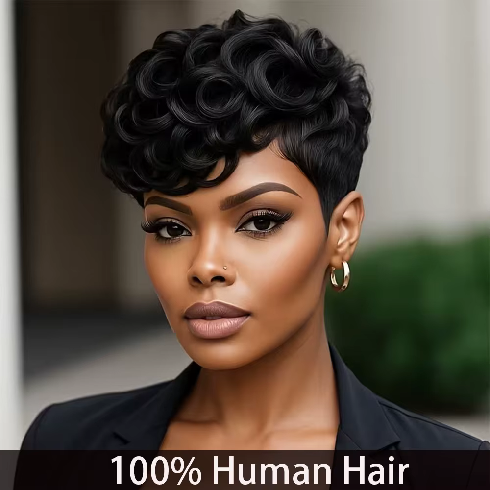 Perruque coupe lutin bouclée pour femmes, cheveux 100% naturels, entièrement fabriqués à la Machine,