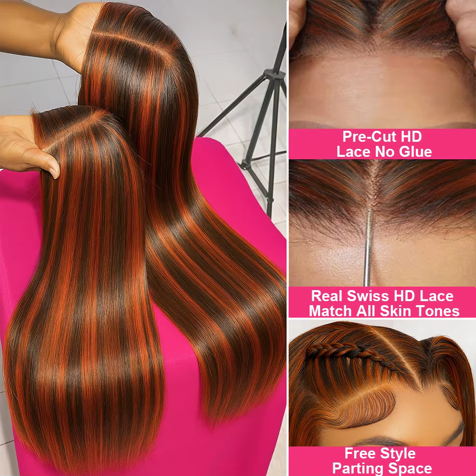 Perruque Lace Frontal Wig naturelle lisse à reflets brun gingembre, 5x5, sans colle, pre-coupée, omb
