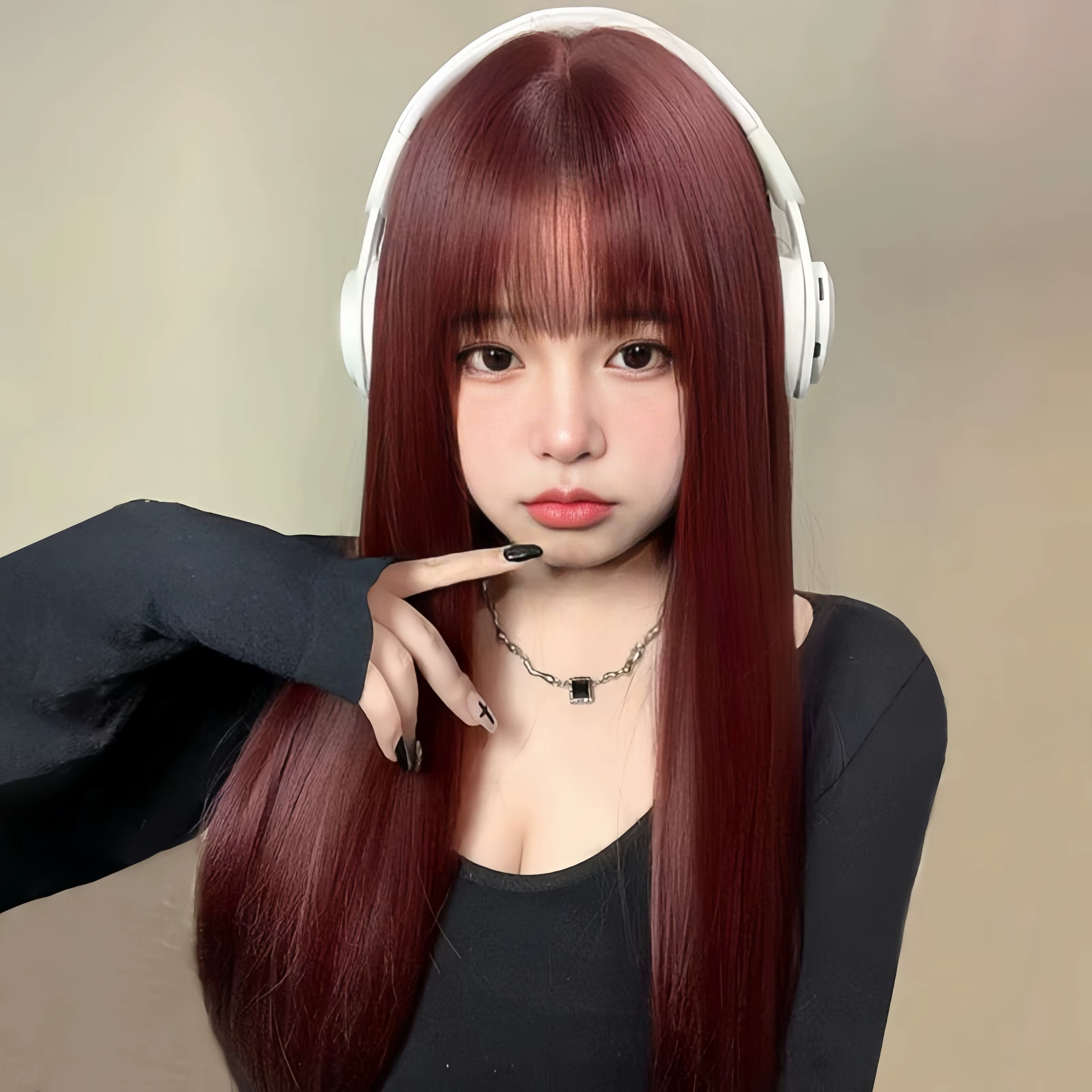 Perruque femme vin rouge cheveux longs raides bande dessinée frange tempérament réparation visage fi