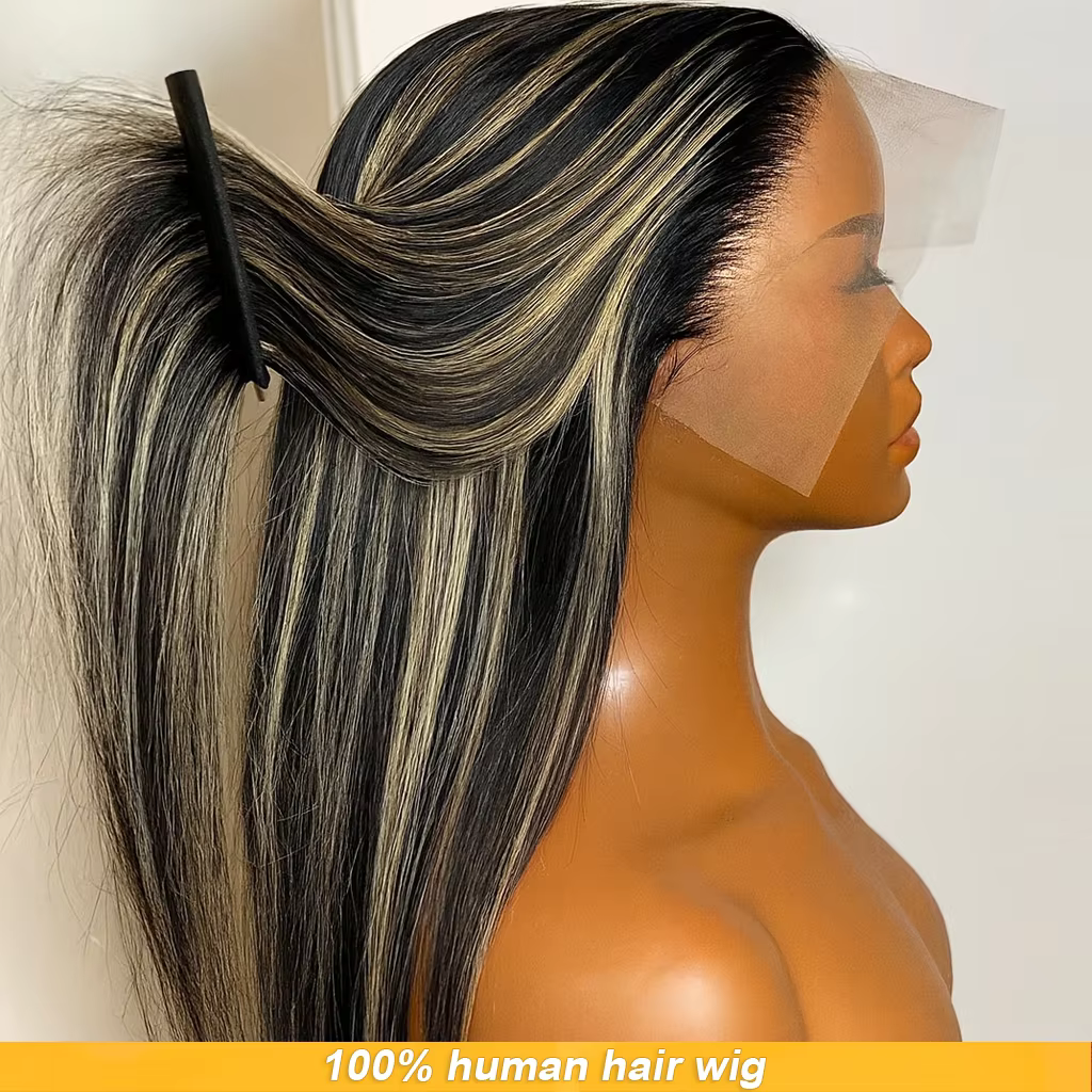 Perruque Lace Front Wig naturelle lisse à reflets 1b30, cheveux lisses noirs avec dégradé marron, 13