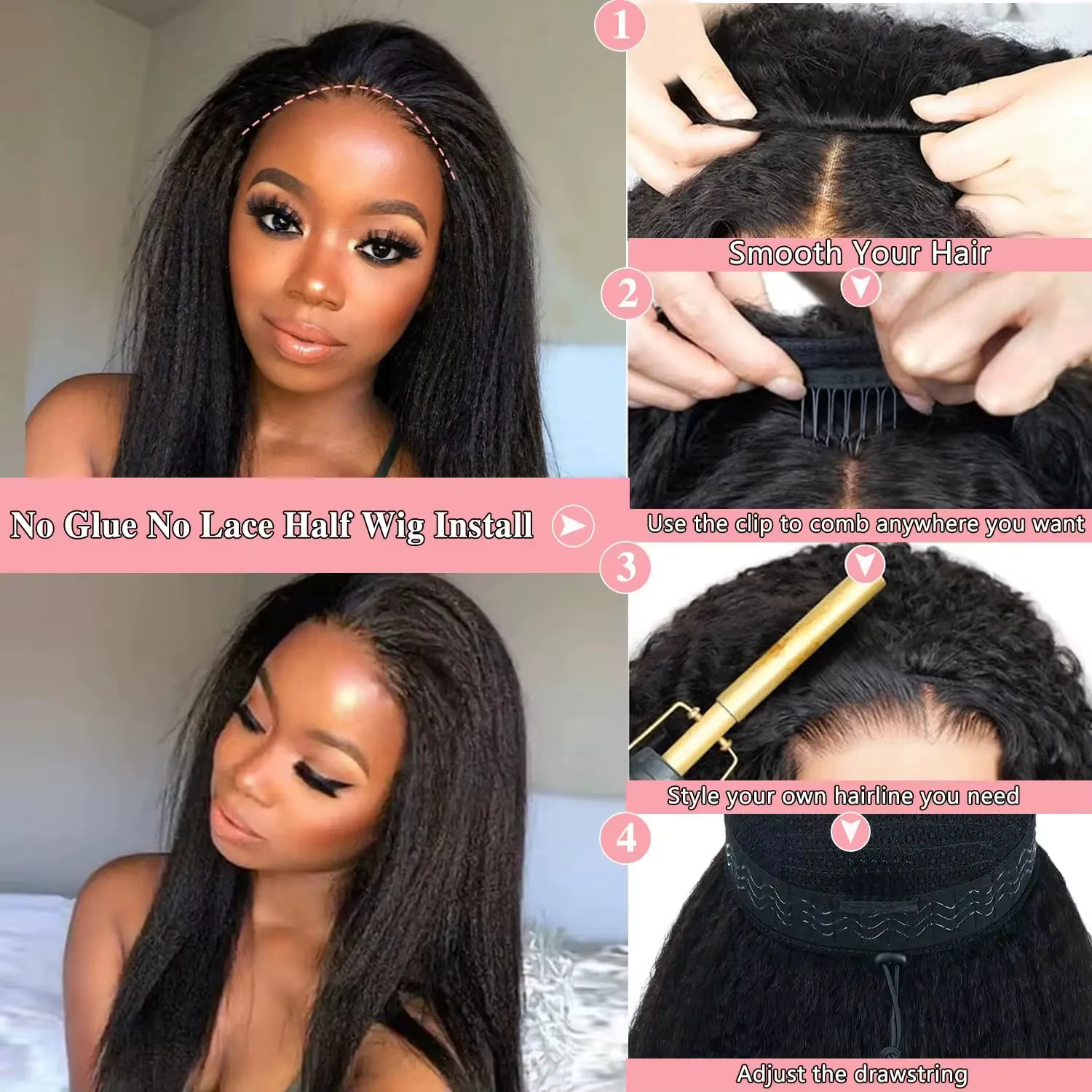 Perruque mi-tête Kinky Straight en cheveux humains, sans colle, prête à porter, 3-en-1, avec cordon
