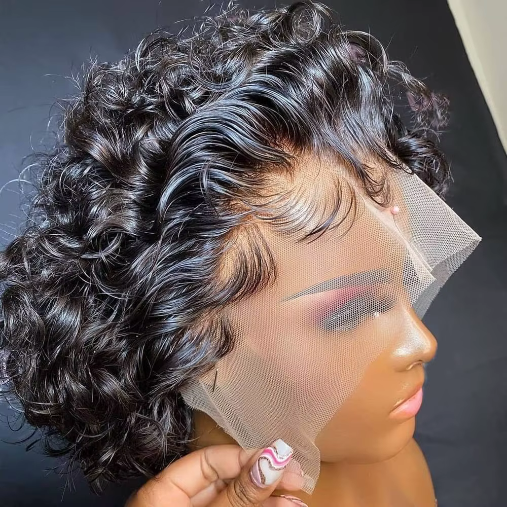Perruque Pixie Cut en Cheveux Humains, Perruques Lace Front Transparentes 13x1, Cheveux Humains Brés