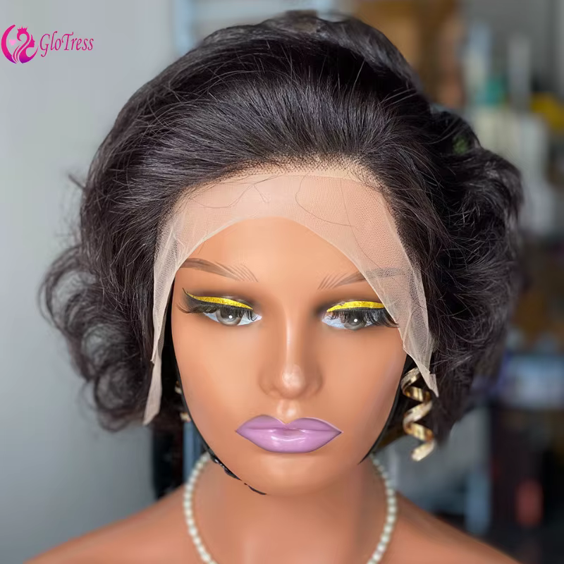 200% densité haute qualité bouclés coupe lutin 13x4 dentelle frontale ondulée perruques cheveux huma