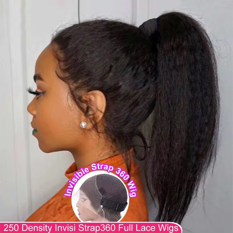 Perruque Lace Frontal Wig naturelle Yaki lisse, cheveux crépus, sans colle, avec sangle Invisible, 3