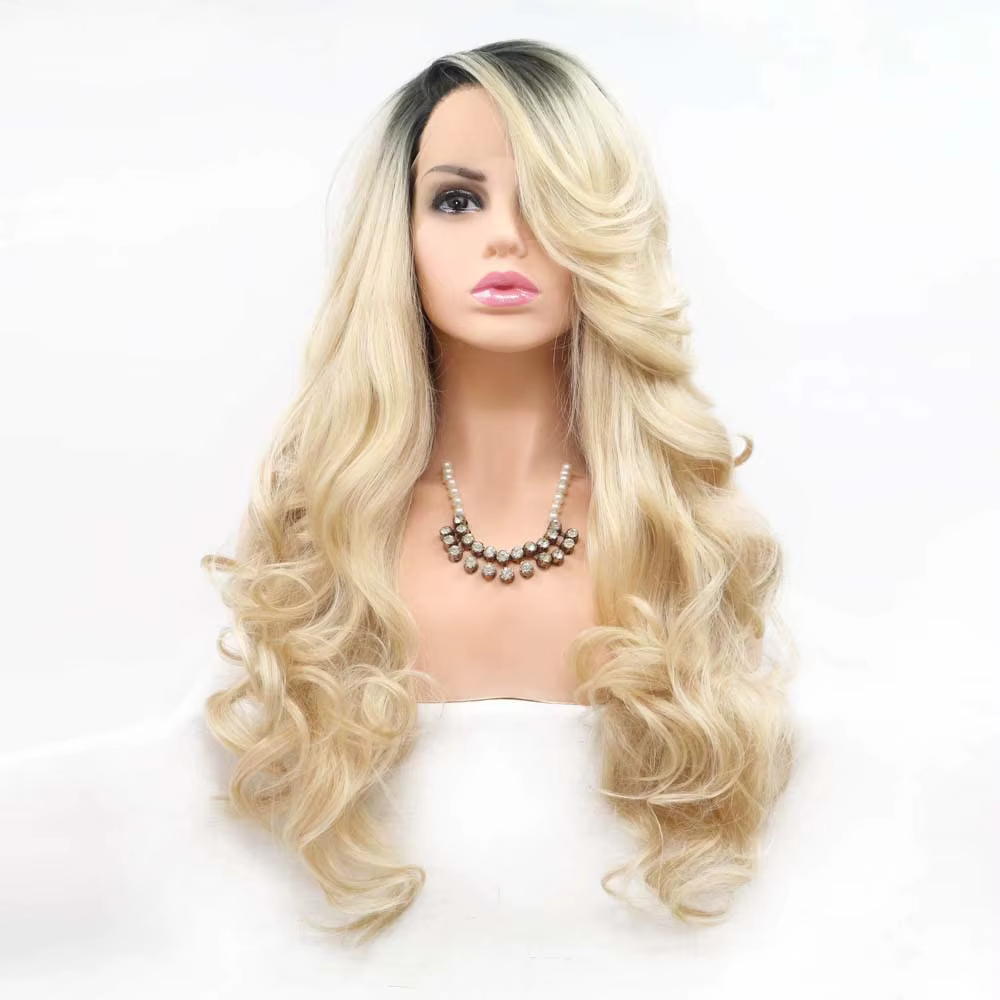 Mbre Blonde dentelle avant perruques longue corps ondulé mixte platine Blonde synthétique dentelle a