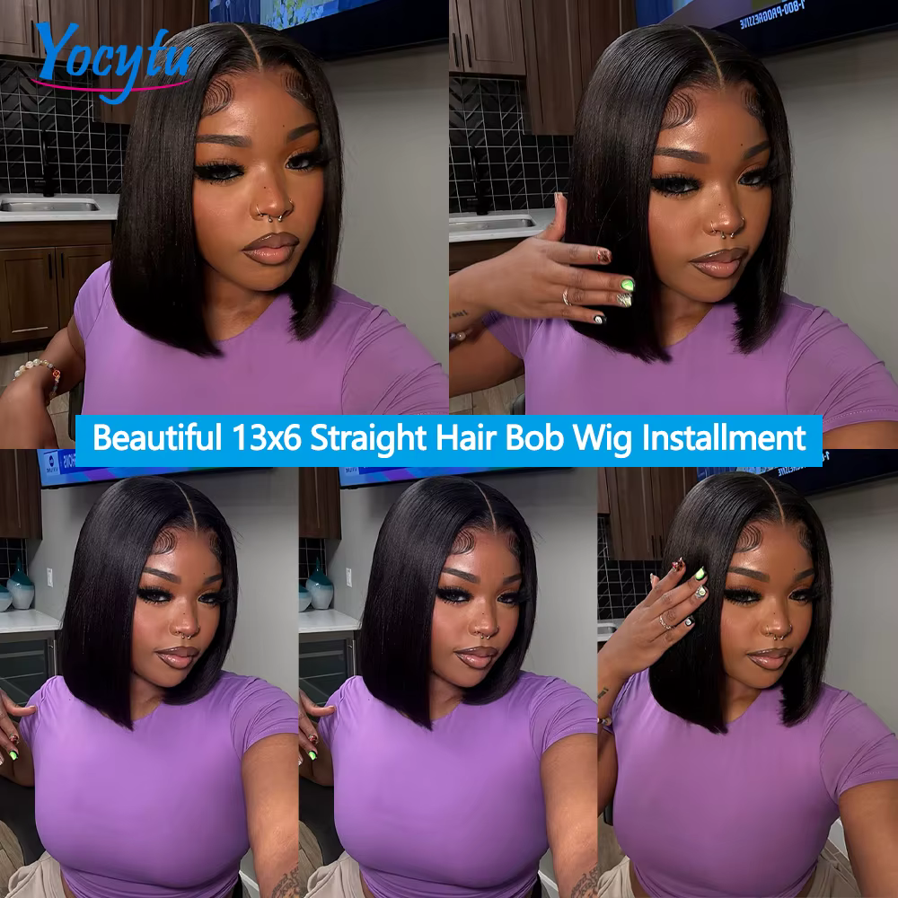 Perruque Bob Lace Front YOCYTU 13x6 en cheveux humains, 12 pouces, courte et droite, pré-épilée, ave