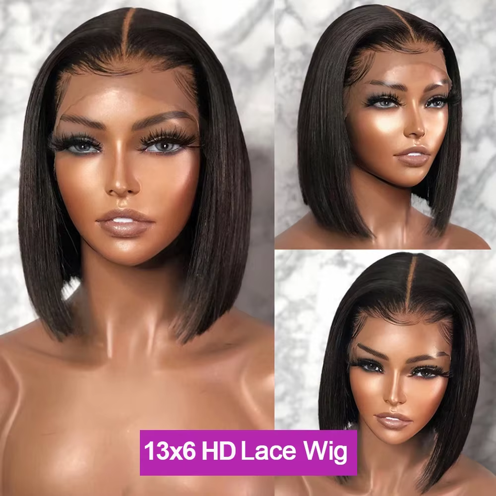 Perruques Courtes Bob en Cheveux Humains 13x6 Lisses comme des Baguettes Sans Colle HD Lace Front Wi