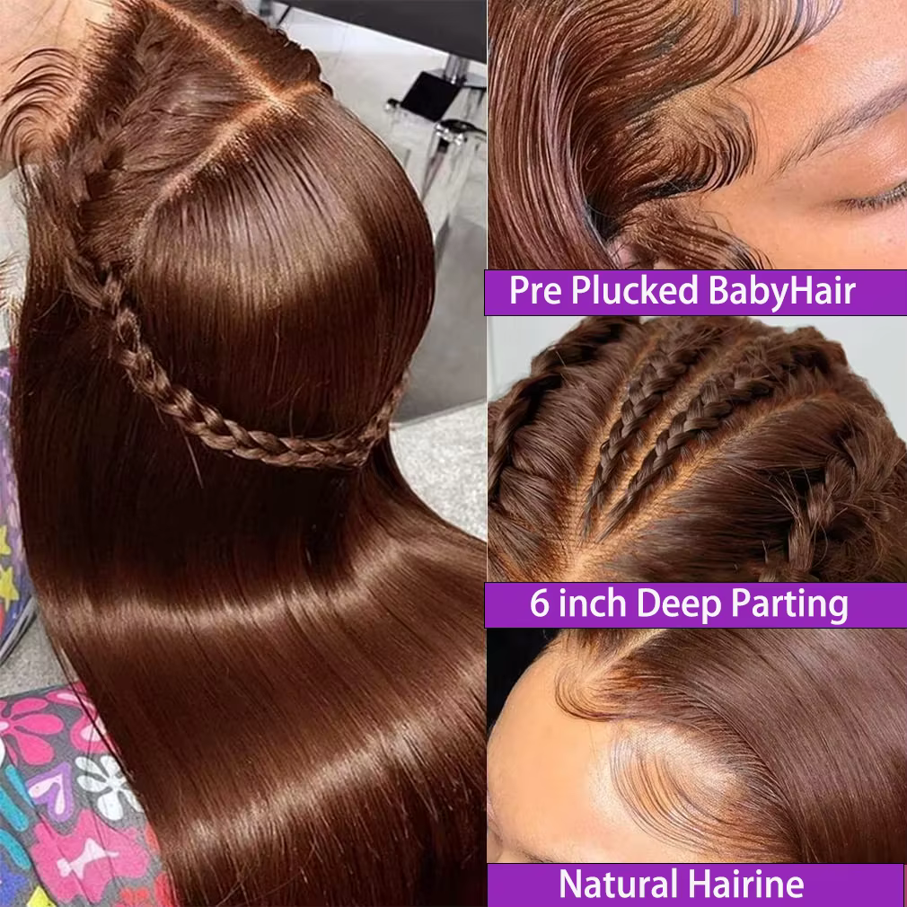 Perruque Lace Front Wig naturelle lisse, brun chocolat, cheveux humains, 13x4, 13x6, 36 ou 38 pouces