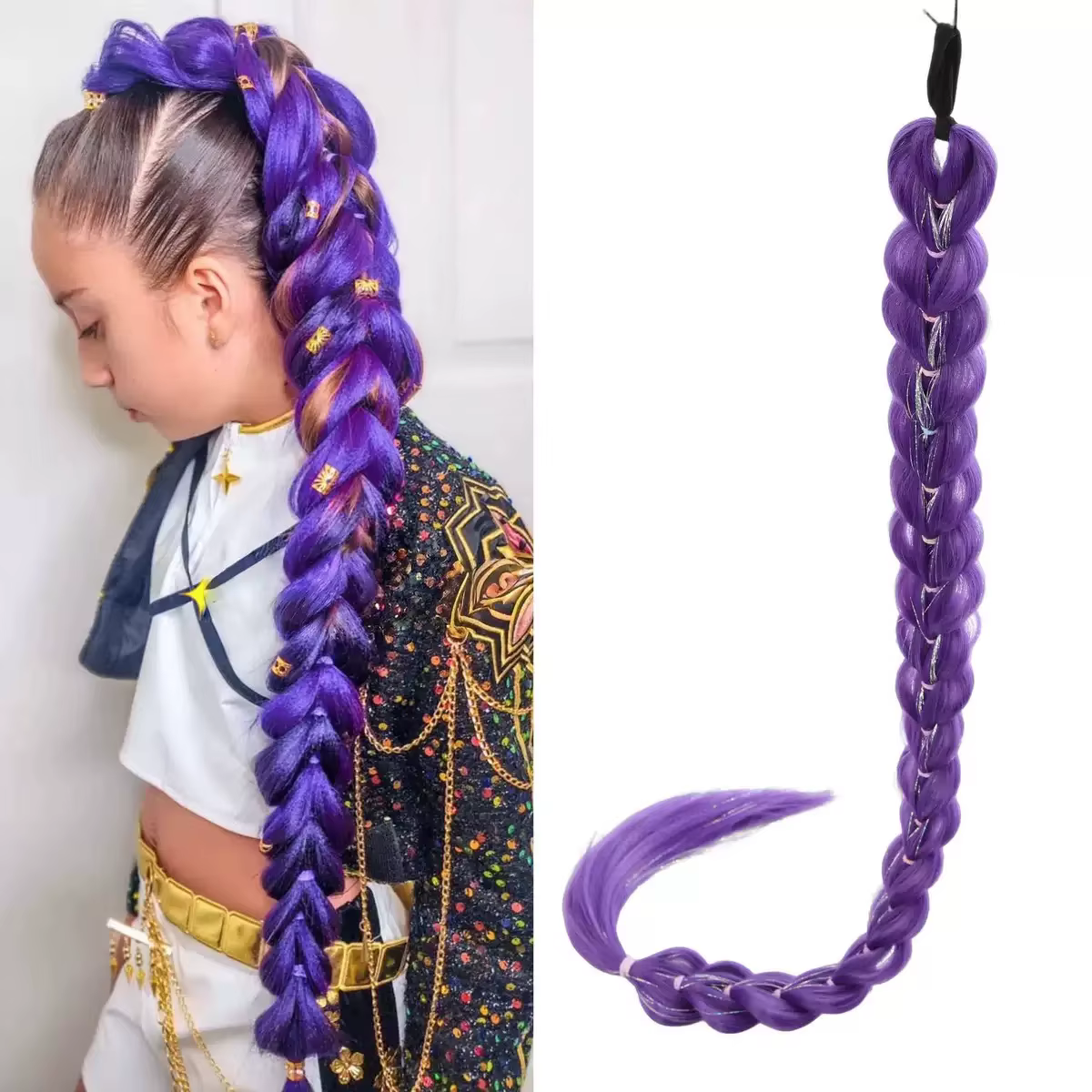Perruque tressée synthétique violette de 32 pouces, pailletée et métallisée, pour costume de Noël po