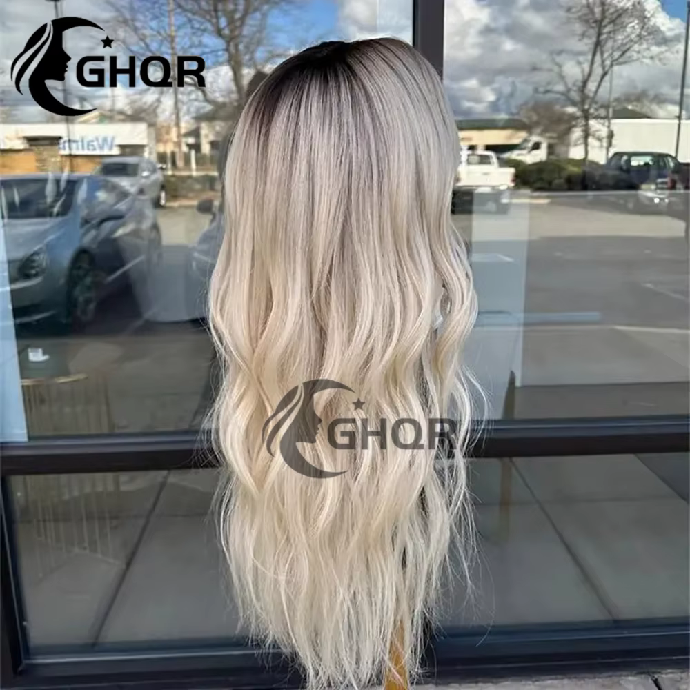Perruques blond platine cheveux humains vague naturelle 13x4 avant de lacet perruques brun racines f