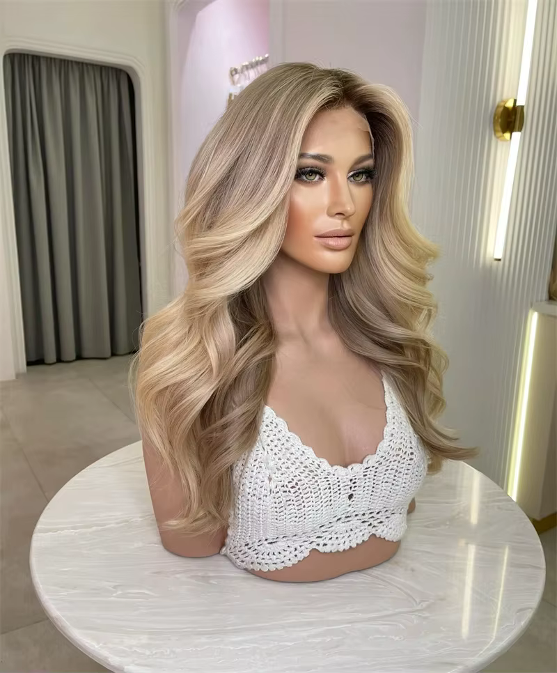 Perruque Lace Front Tendance avec Mèches Blond Miel Doré, Perruques Réalistes pour Femme, Cosplay, U