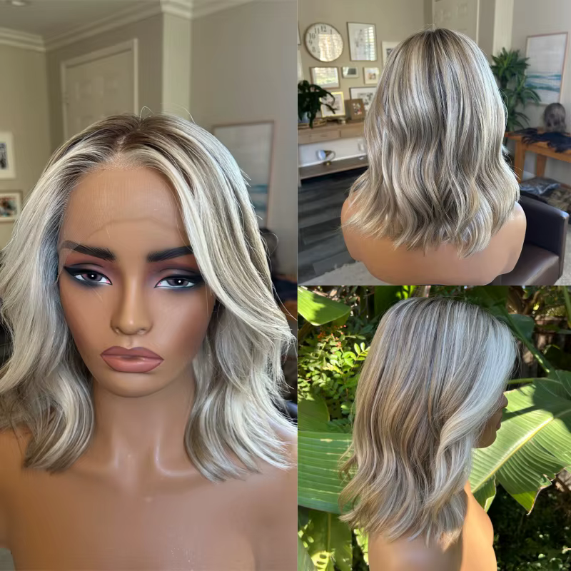 Perruque synthétique 13x4 résistante à la chaleur, ombrée gris cendré blond, avec dentelle HD, effet