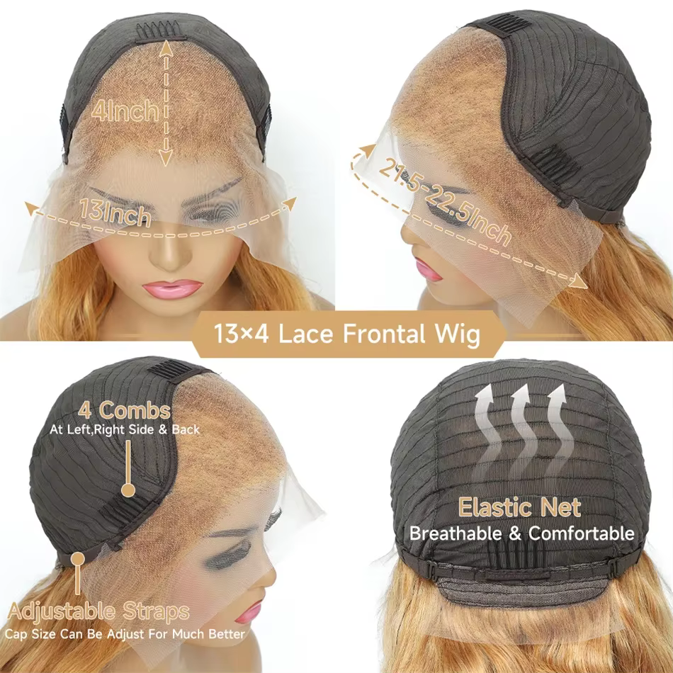 Perruque Lace Front Wig Body Wave Naturelle, Cheveux Humains, Couleur Blond Miel #27, 13x4, HD, pour