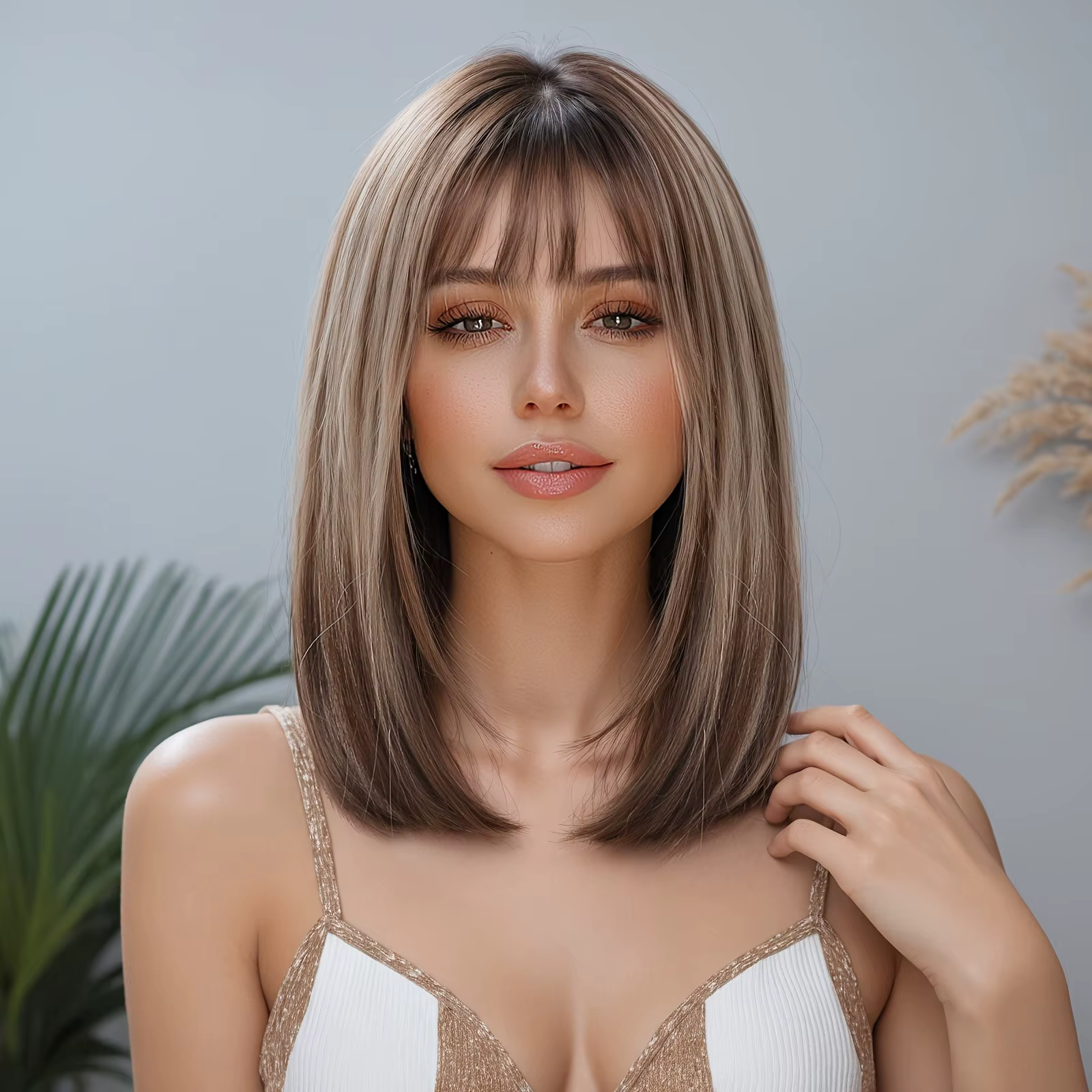 Perruque cheveux raides élégante, 40,64 cm, perruque synthétique dégradée or champagne, racines de c