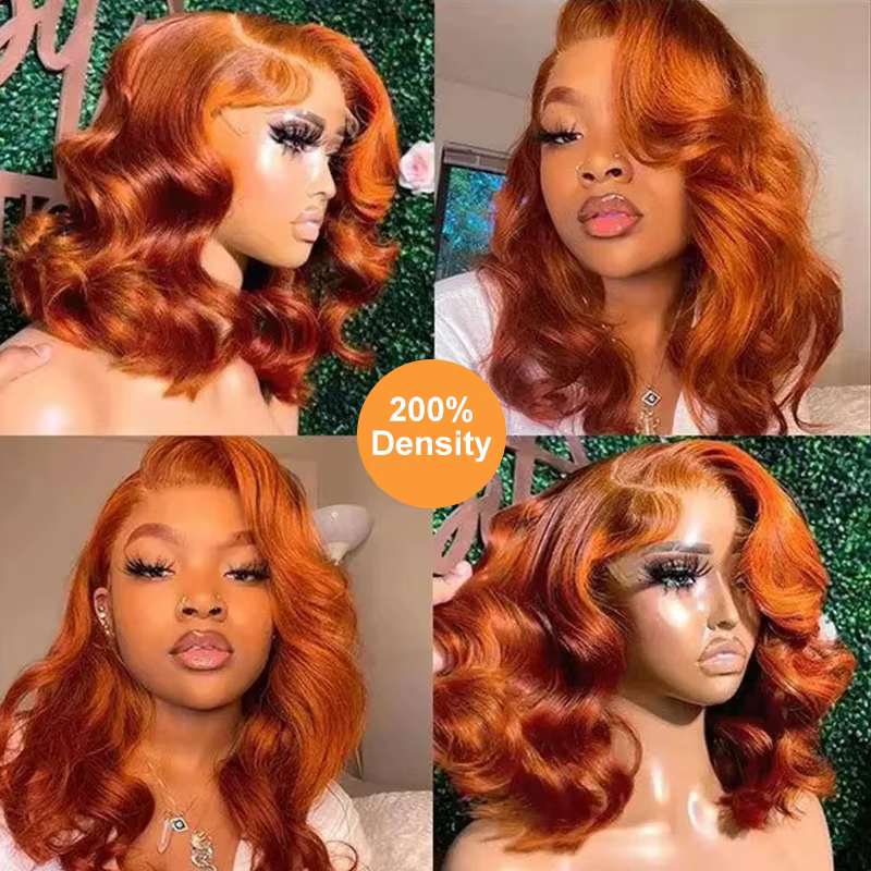 350 #   Perruques avant en dentelle Orange gingembre cheveux humains pré plumés 13x4 perruques front