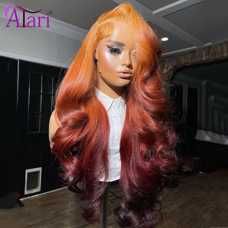 Perruque Lace Front Wig naturelle ombrée orange foncé, cheveux humains, 13x4, 5x5, 13x6, pre-plucked