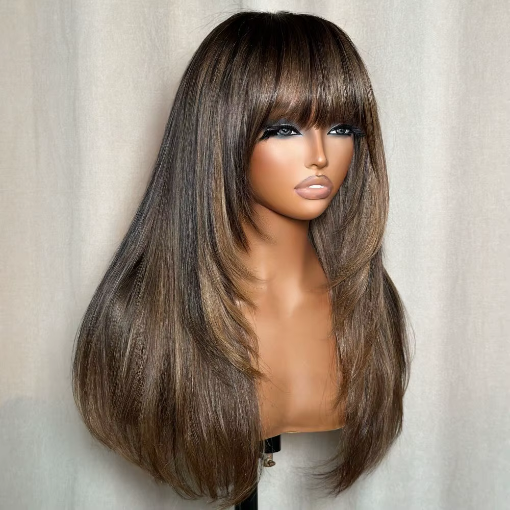 Perruque en cheveux humains HD Lace marron mélangé blond avec mèches blondes et frange, sans colle,