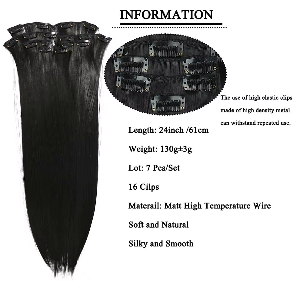 Extensions de cheveux synthétiques longues et lisses à clips, 24 pouces, 16 clips, 7 pièces/ensemble