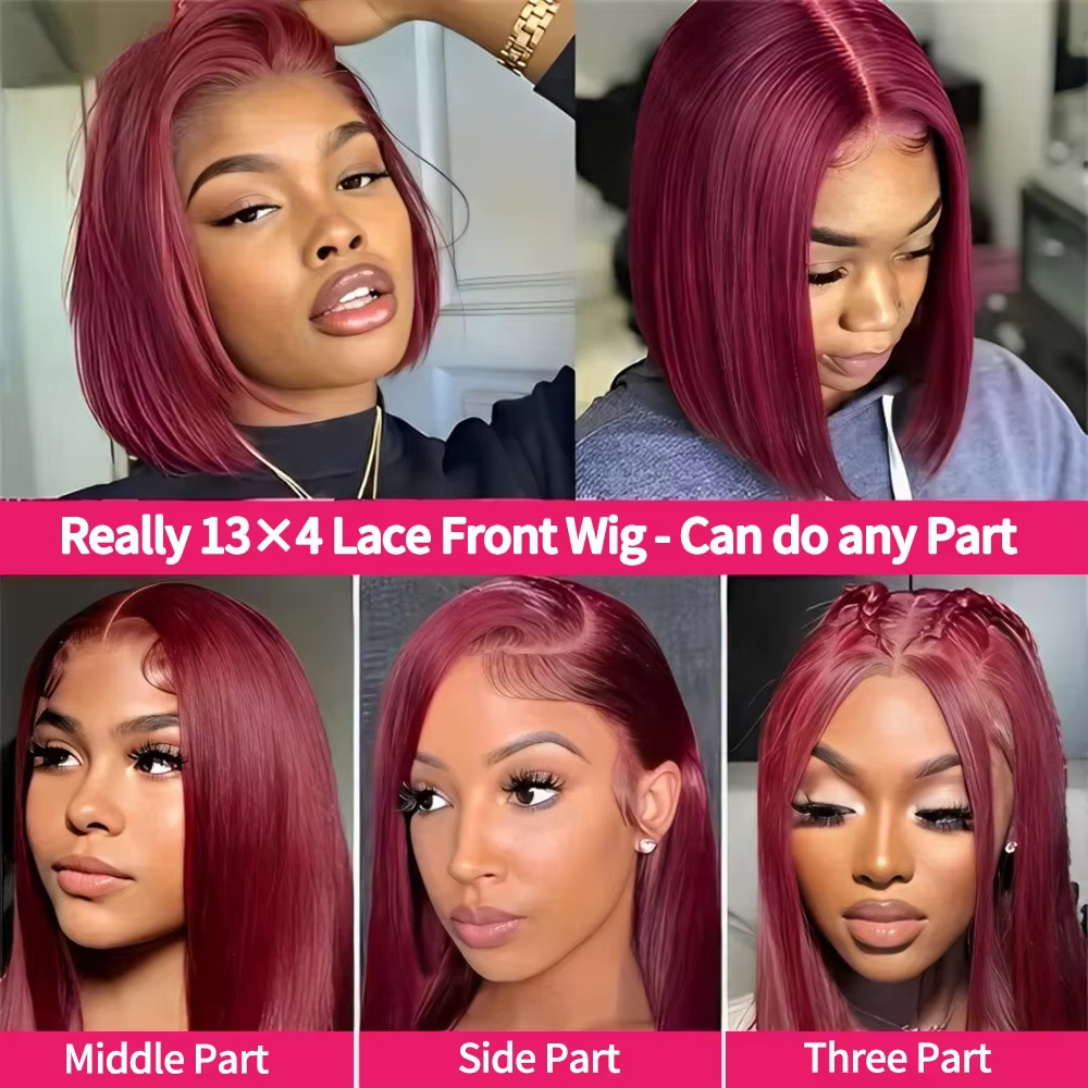 Perruque Bob 99J bordeaux lisse en cheveux humains, perruques Lace Front 13x4 HD transparentes, perr