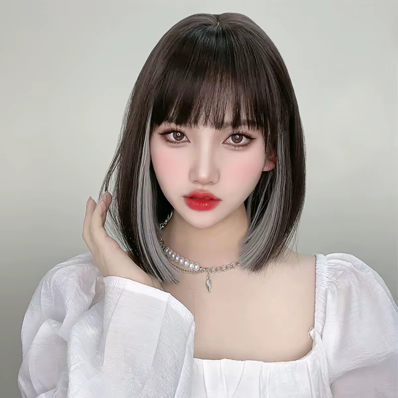 Perruque femme cheveux courts raides, effet ombré, couleur teintée, cheveux synthétiques en fibre de