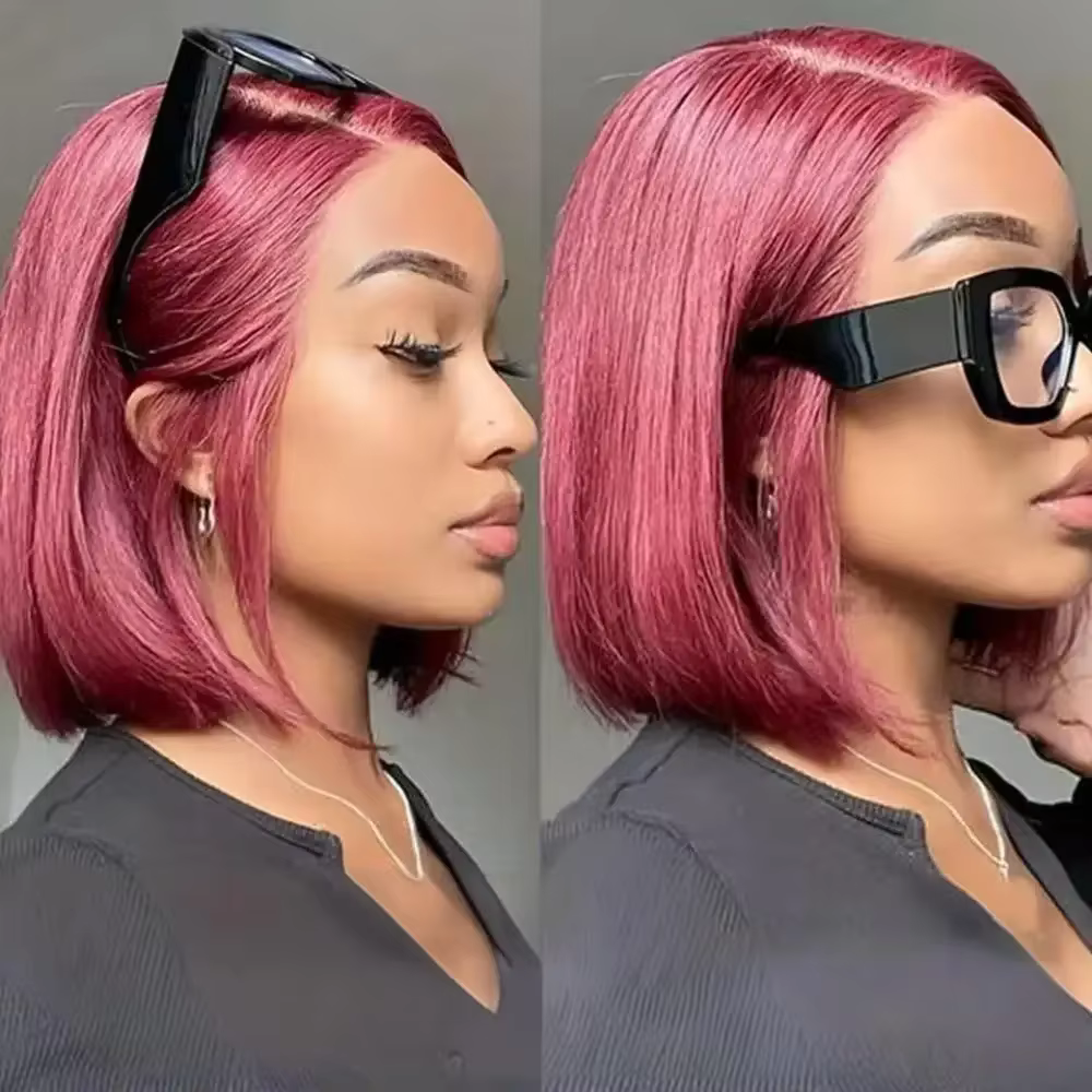 Perruque Bob 99J bordeaux lisse en cheveux humains, perruques Lace Front 13x4 HD transparentes, perr