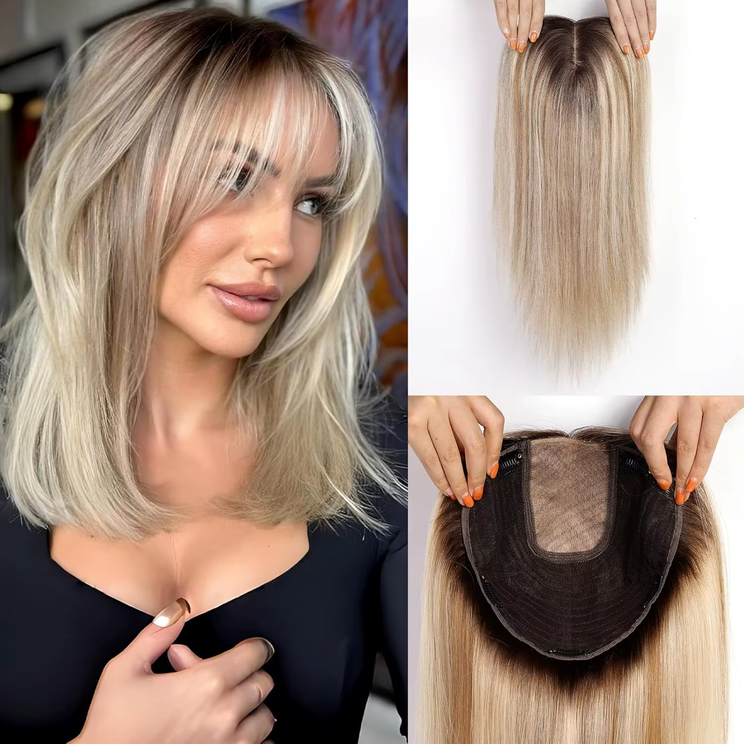 Pièces de cheveux à Base grande 9x9 pouces, reflets bruns, Toppers de cheveux humains de 16 pouces p