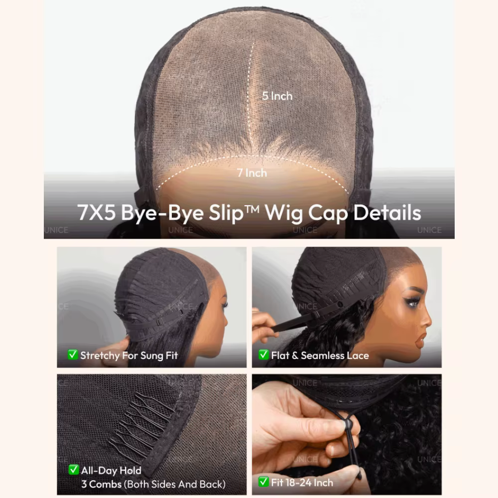 Perruque Bob UNICE Blonde Highlight Water Wave avec cordon de serrage Bye-Bye Slip 7x5 Lace Glueless