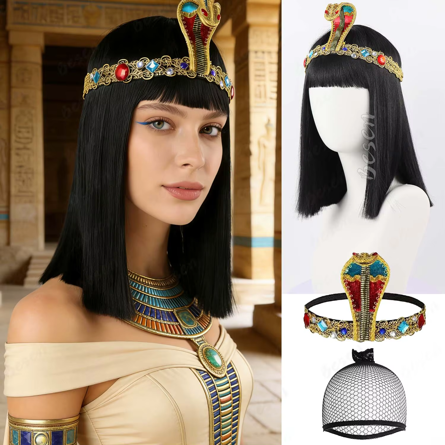 Perruque courte et droite synthétique pour femme, style Cléopâtre, avec bandeau tête de serpent, acc
