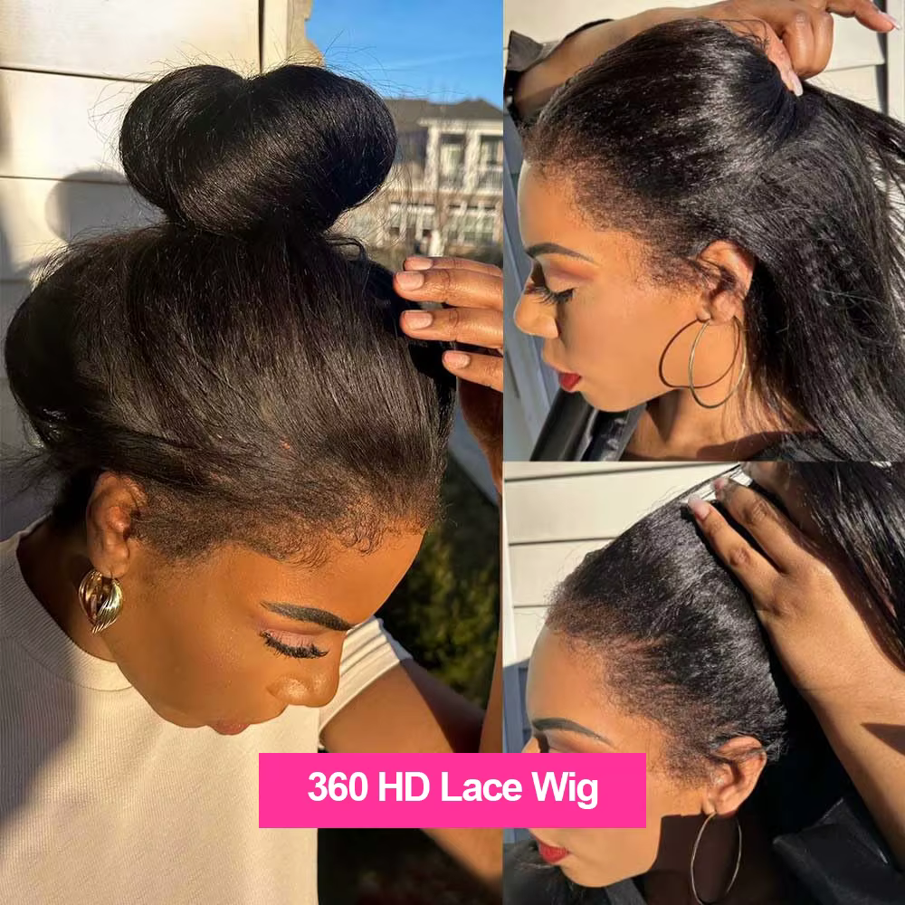 250% Kinky Straight Perruque Yaki Sans Colle 360 Natural Yaki Straight Wig Invisible Sangle Perruque