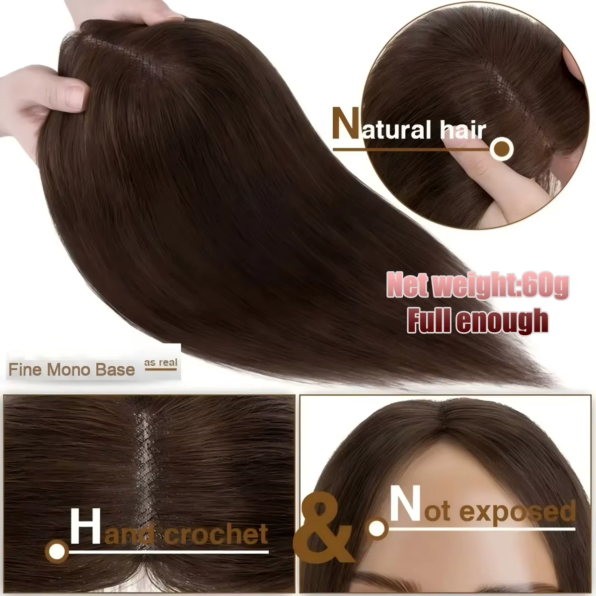 Topper de cheveux 100 % naturels pour femmes, 13x16cm, base fine en mono respirante, postiche à clip