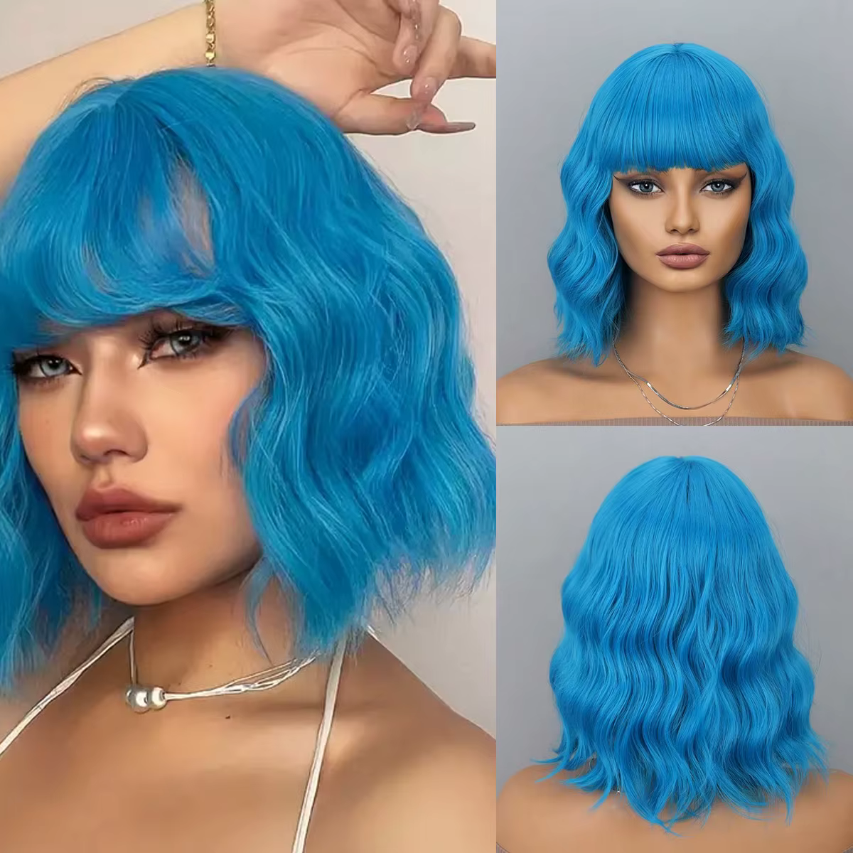 Perruques courtes bleues avec frange pour femmes, perruque synthétique ondulée et bouclée colorée po
