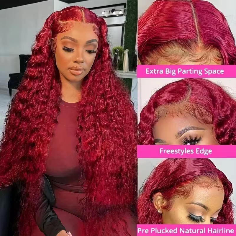 Vague profonde bordeaux 99J 13x6 Hd dentelle frontale perruque cheveux humains 220 densité 36 pouces