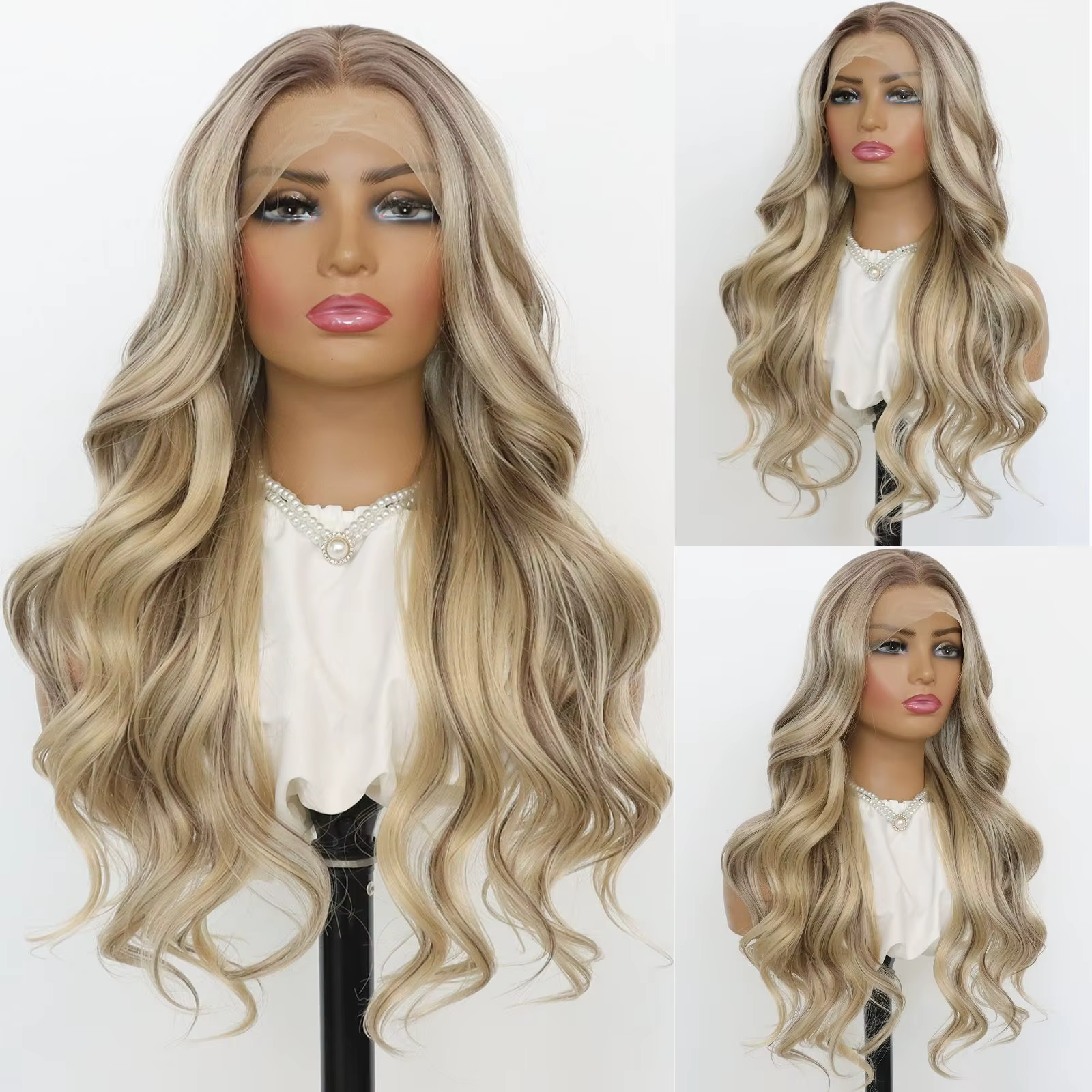 Perruque Lace Front Wig synthétique à reflets blonds, perruque longue ondulée ombrée brune blonde 13