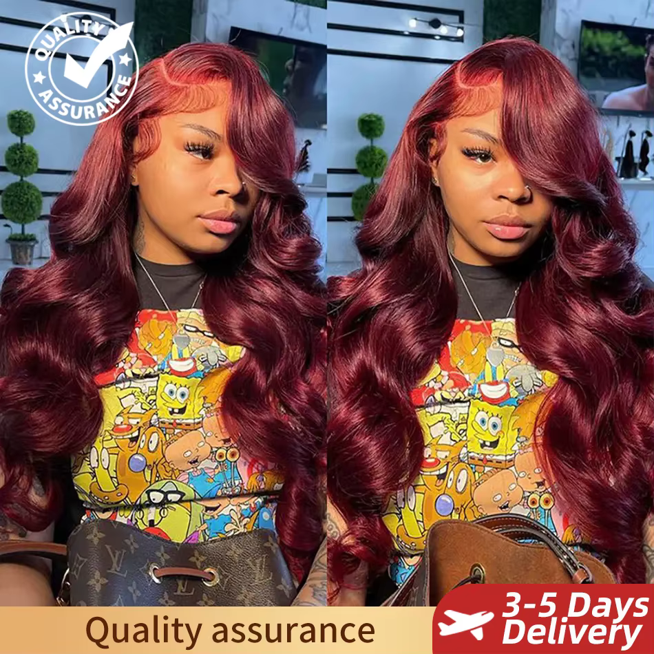 Perruque Lace Front Wig naturelle Body Wave-Tuneful, rouge bordeaux 99J, 13x6, HD