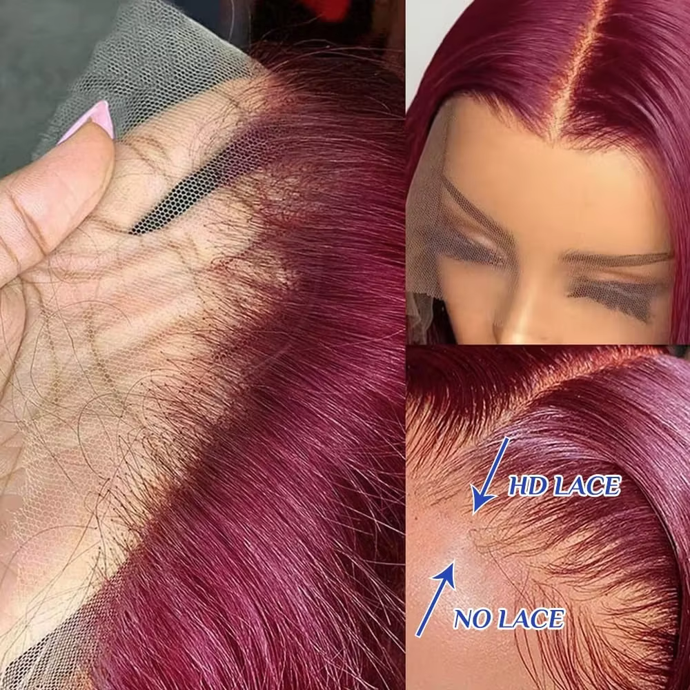 Perruque Bob 99J bordeaux lisse en cheveux humains, perruques Lace Front 13x4 HD transparentes, perr