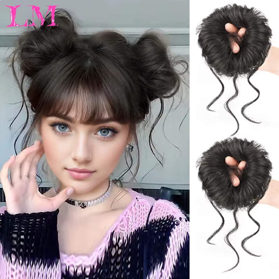 LM-Chignon synthétique désordonné pour femme, bande de cheveux bouclés, chouchou élastique, faux mor