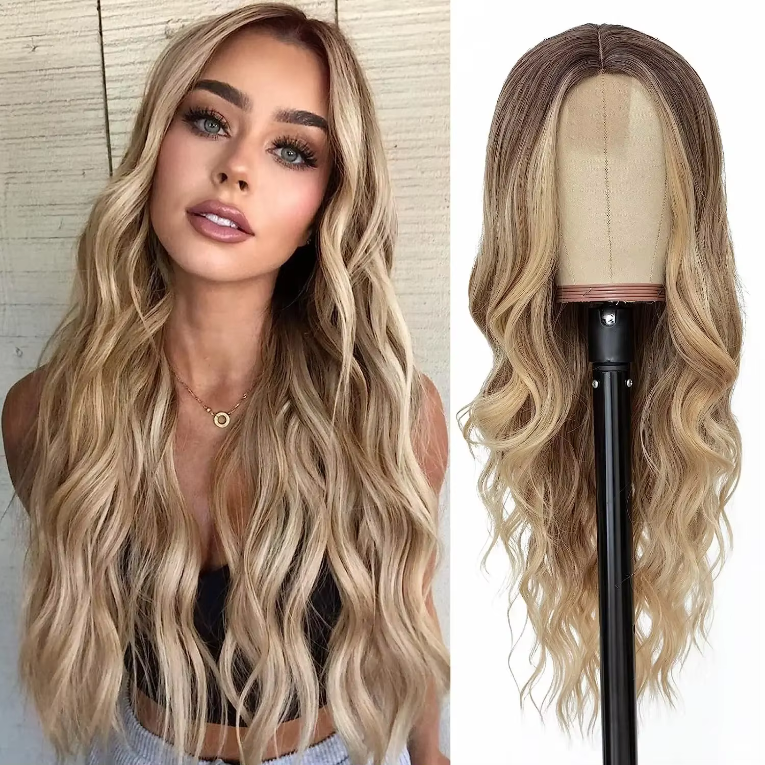 Perruque Lace Wig synthétique longue en soie mate, perruque ondulée Blonde platine ombrée pour femme