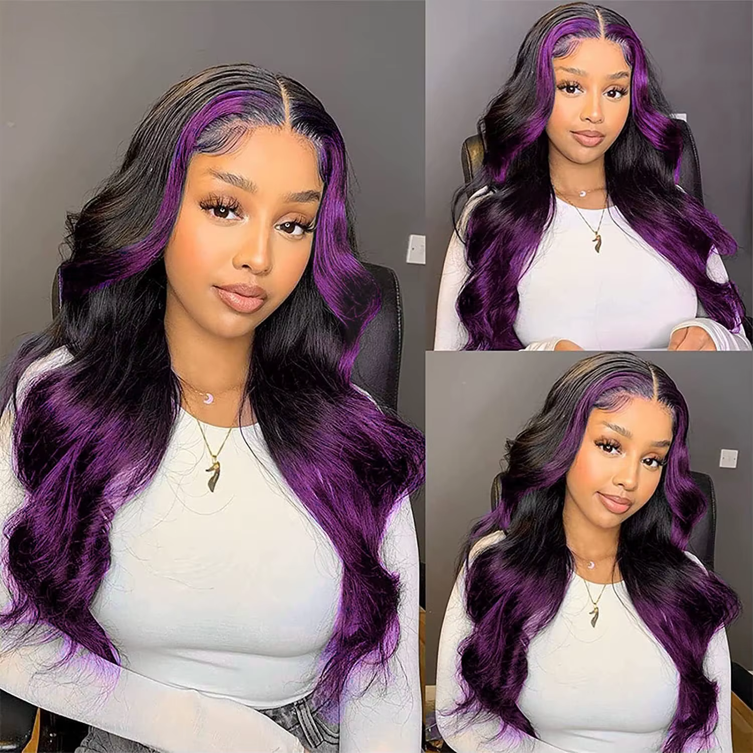 Perruques Lace Front Ombré Violet 13x4 à Rayures, Cheveux Humains Ondulés, Mèches Violet Foncé, Perr