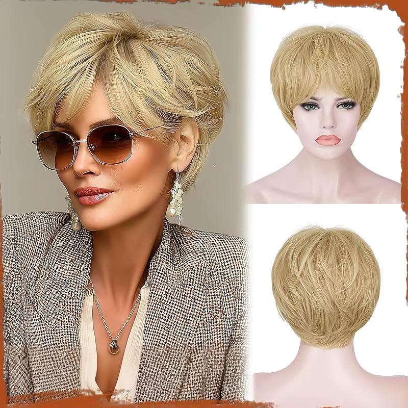 Perruque pixie noire ondulée à couches superposées avec frange, cheveux synthétiques sans colle. Tex