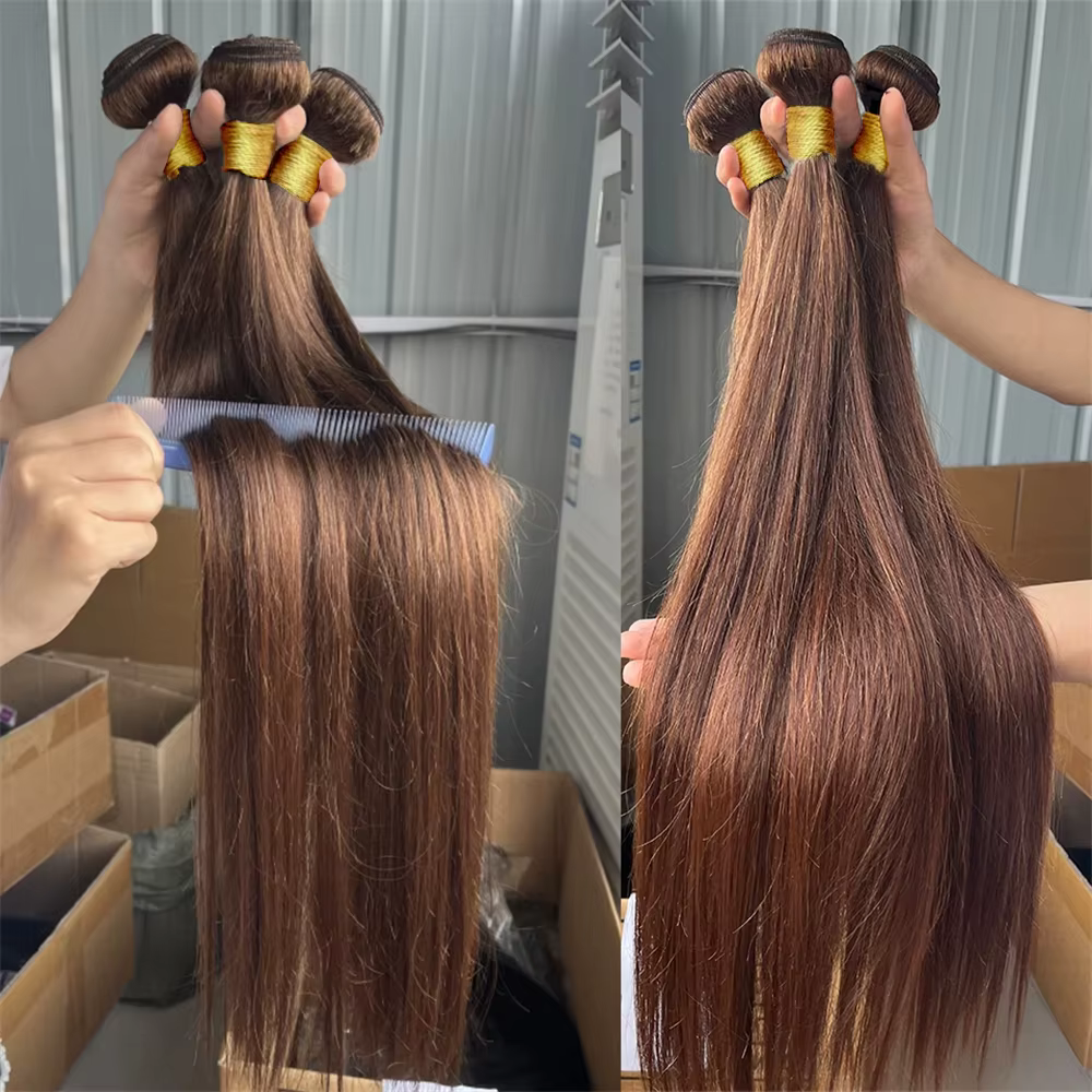 # Tissage en lot brésilien naturel lisse, 4 couleurs, brun chocolat, 13x4, Extensions de cheveux, lo