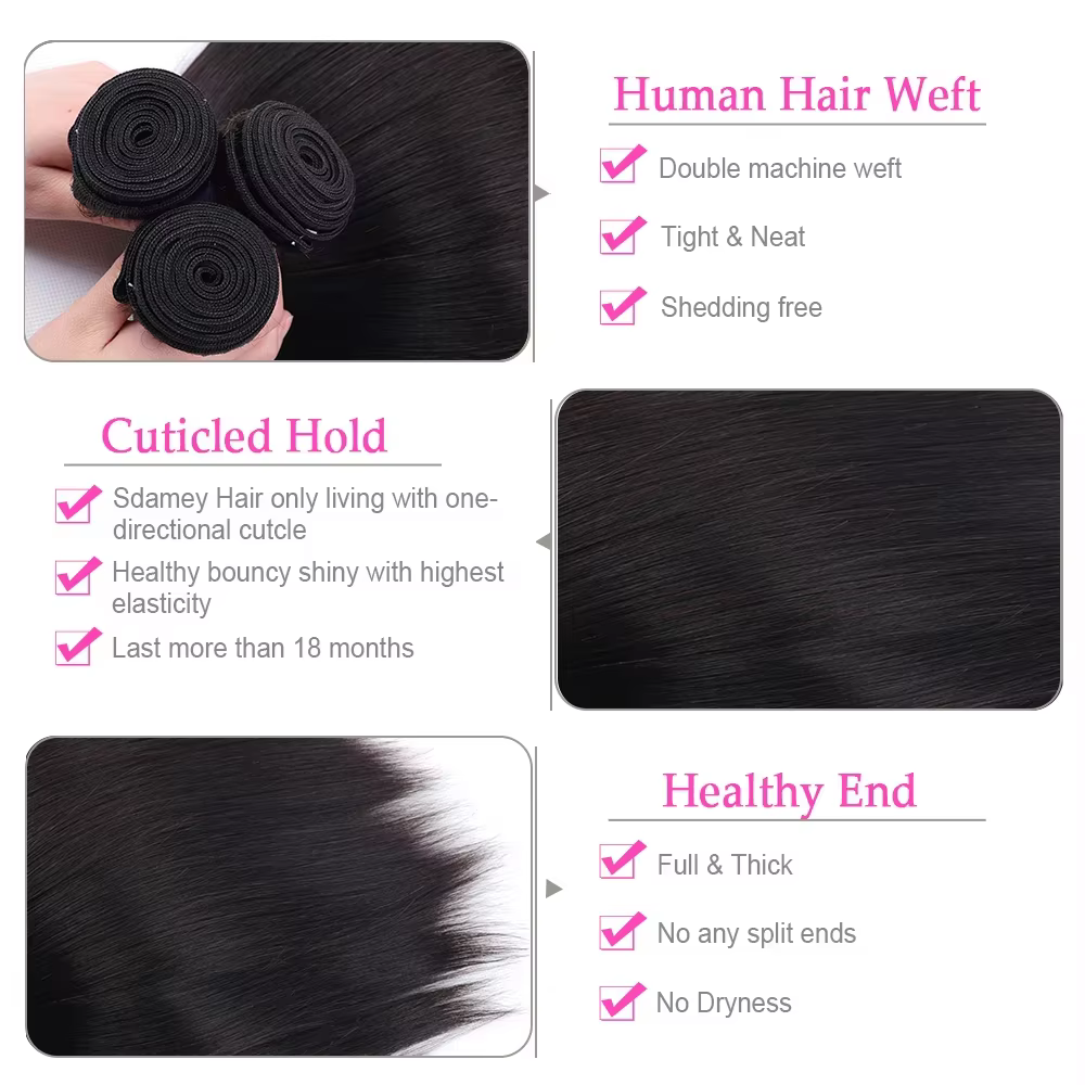 Extensions de cheveux brésiliens vierges Remy à double trame, lisses comme des baguettes, 26, 36, 40