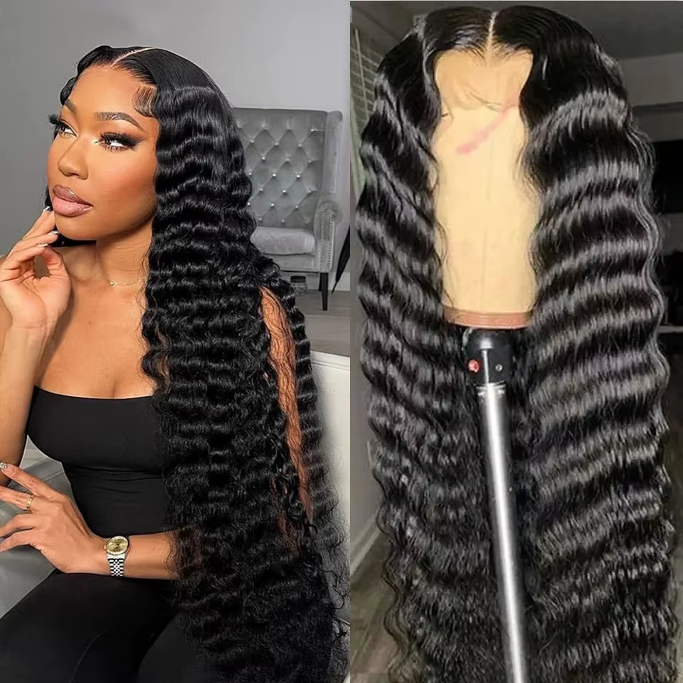 Perruque Lace Front Wig Deep Wave brésilienne naturelle, cheveux humains, 13x6, 13x4, pre-plucked, p