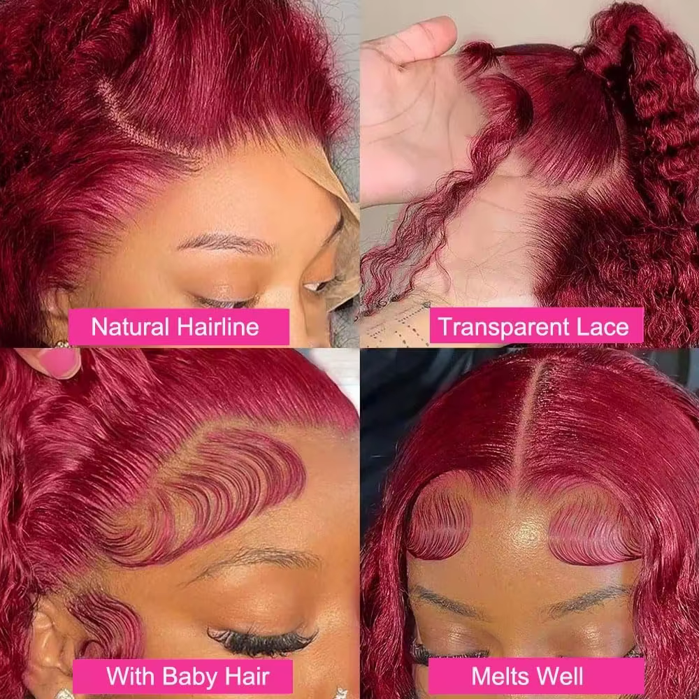 13x6 99j bordeaux dentelle avant perruques cheveux humains vague profonde 250 densité Transparent fr