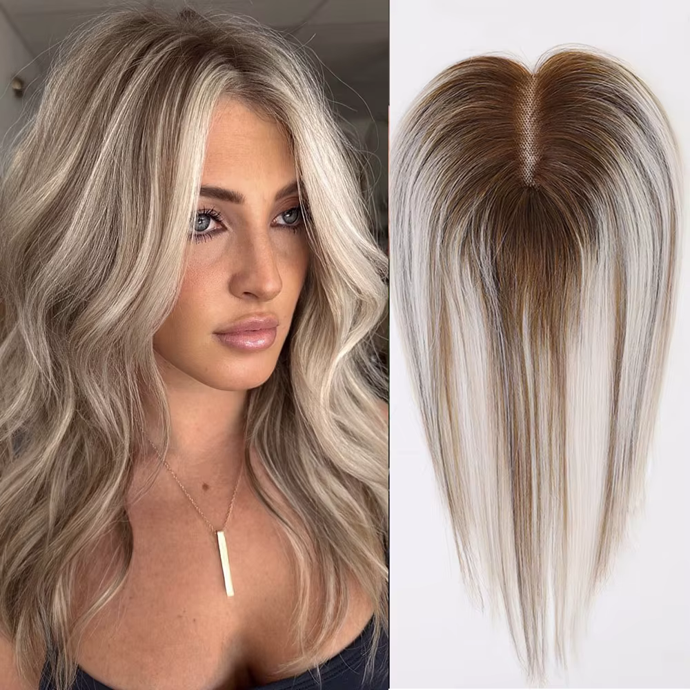 Cendré gris brun 100% Remy cheveux humains Toppers Clips dans les cheveux dentelle Base Topper posti
