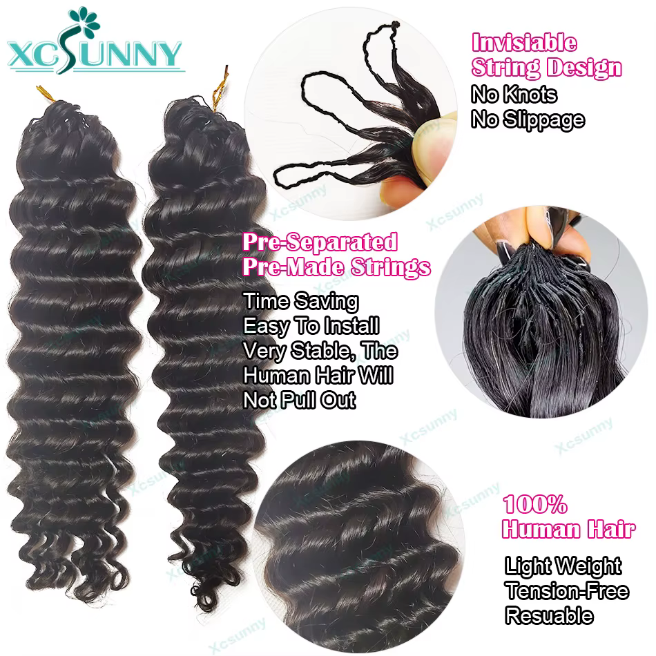 Extensions de cheveux humains bouclés au Crochet, nœud invisible, sans nœuds, pré-séparés avec ficel