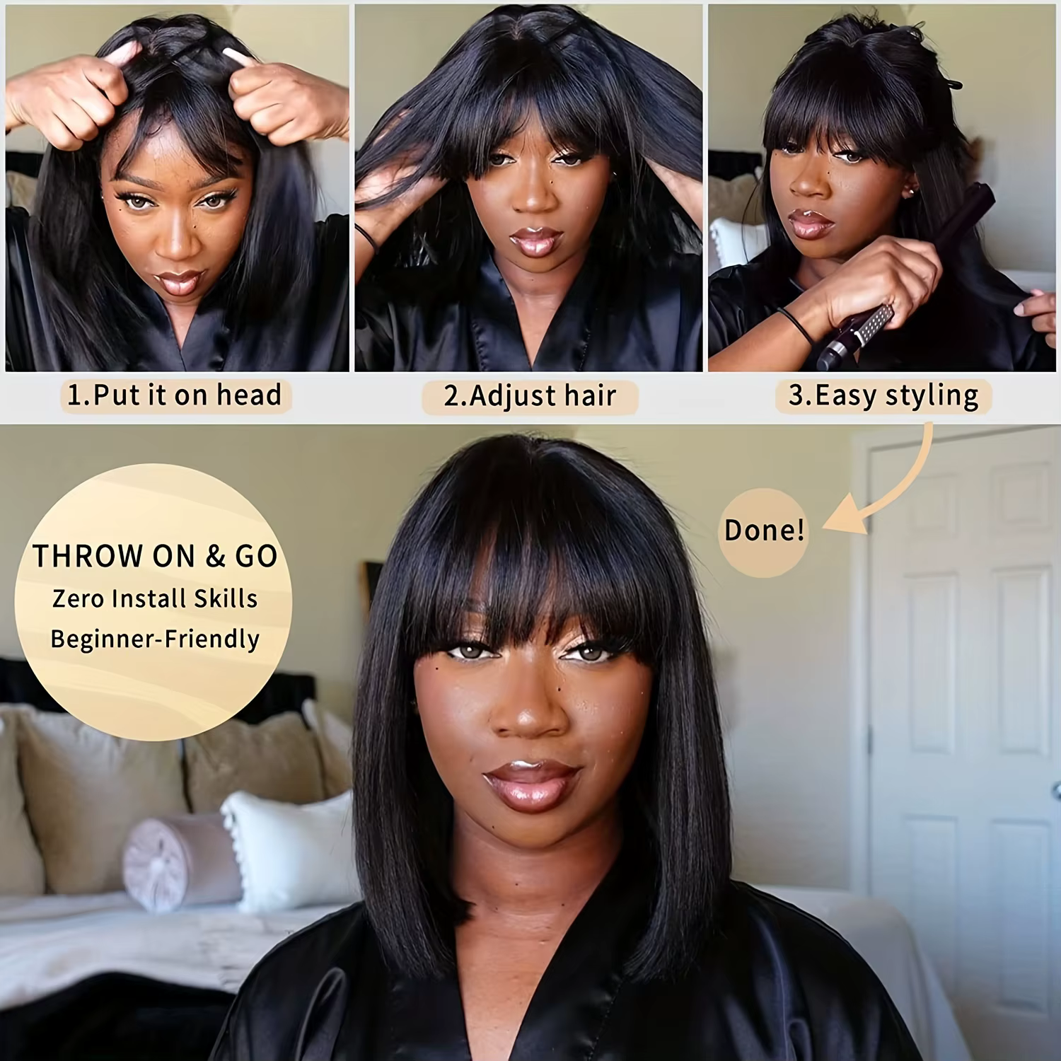 Perruque Bob Lace Wig Brésilienne Naturelle, Cheveux Courts et Lisses, avec Frange, 3x1 HD, 100% de
