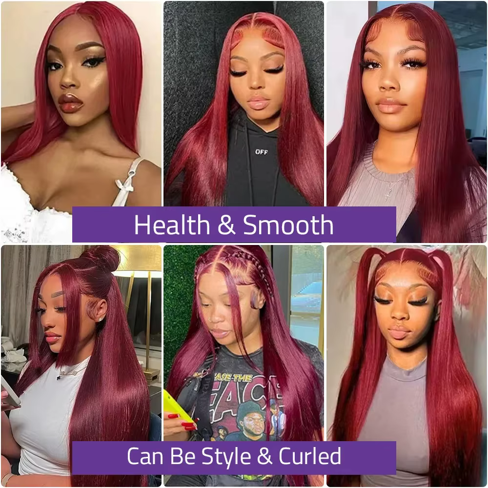 99J rouge bordeaux couleur dentelle frontale perruques de cheveux humains 13X6 HD droite dentelle av
