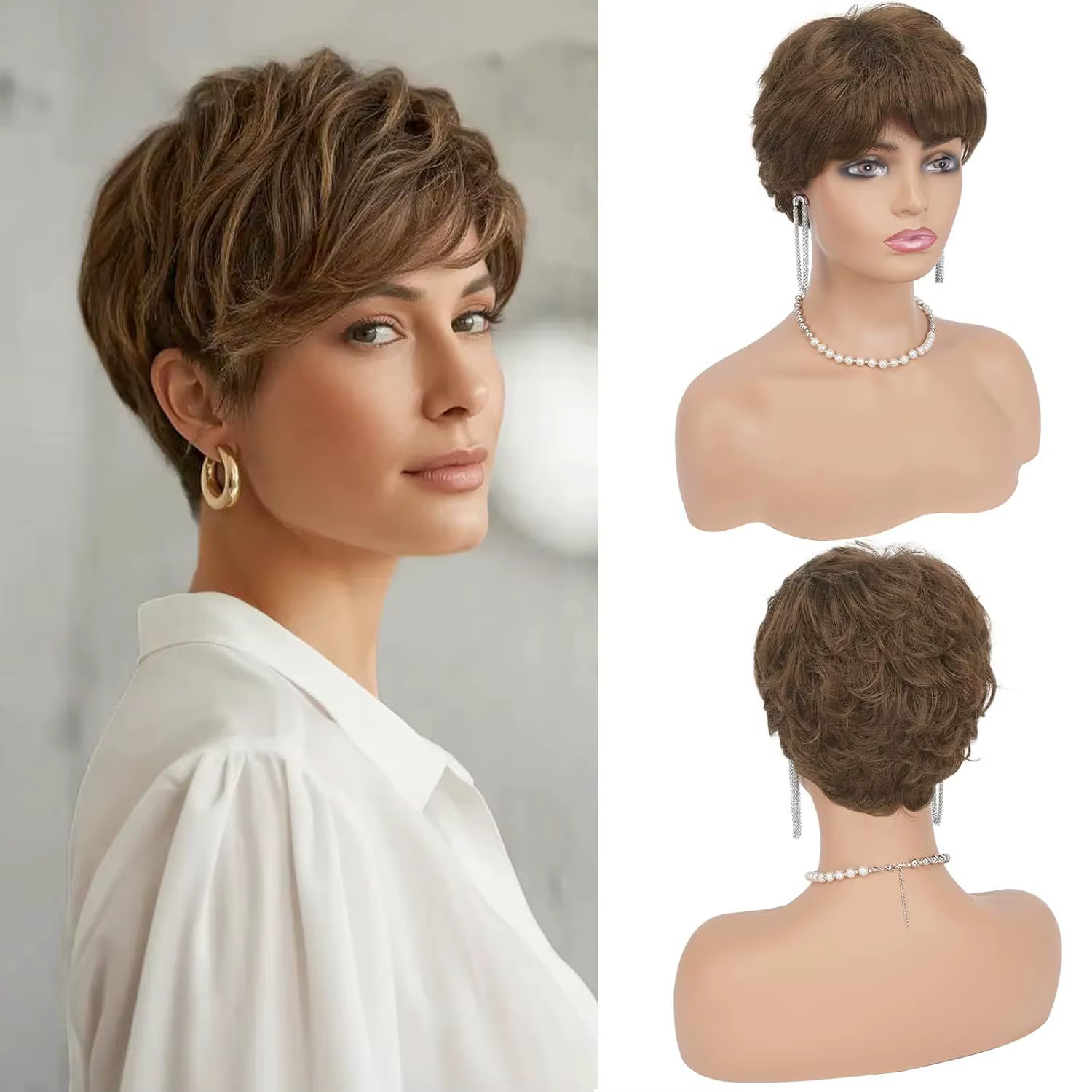 Perruque synthétique pour femmes européennes et américaines : marron, multi-couches, cheveux courts 