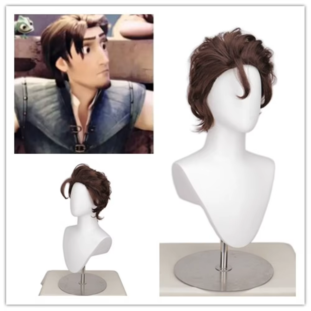 Perruque de cosplay Tangled, Rapunzel, Flynn Rider, perruques courtes bouclées brunes pour hommes, c